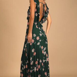 Lulus Loved By You Dark Green Floral Print Pleated Chiffon Maxi Dress - Size XL